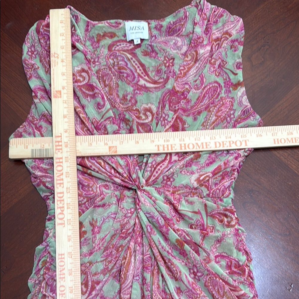 Misa Los Angeles Ava Floral Pink and green paisley gathered ruched stretch Dress - Picture 9 of 9